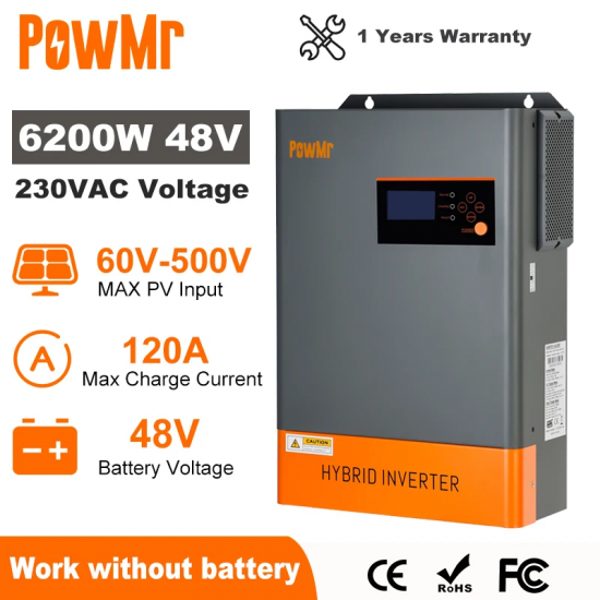 PowMr 6200W Hybrid Solar Inverter 48V 220V Off grid Inverter With MPPT 120A Charger Work Without Battery Parallel Up to 12 Units