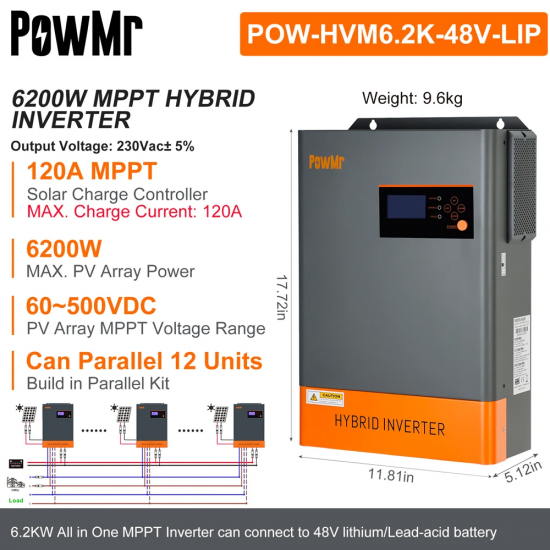 PowMr 6200W Hybrid Solar Inverter 48V 220V Off grid Inverter With MPPT 120A Charger Work Without Battery Parallel Up to 12 Units