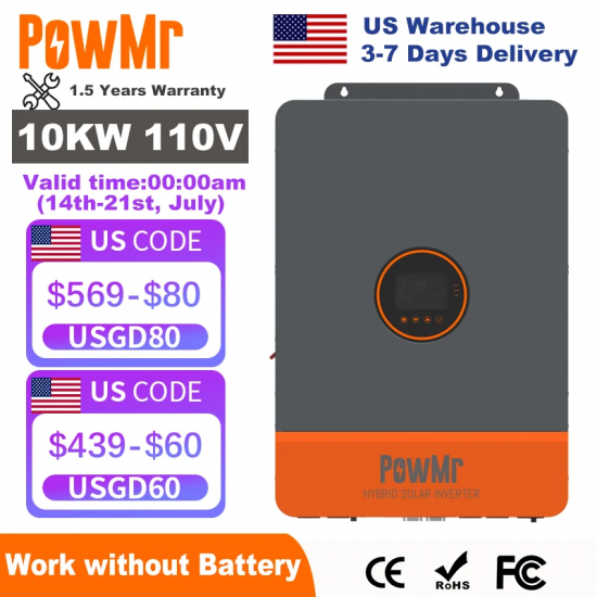 PowMr 10KW Split Phase Inverter 48V 110V 220V Hybrid Solar Inverter Dual MPPT Dual Output Off Grid with MPPT 200A Solar Charger