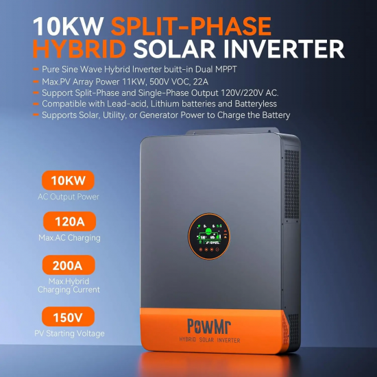 PowMr 10KW Split Phase Inverter 48V 110V 220V Hybrid Solar Inverter Dual MPPT Dual Output Off Grid with MPPT 200A Solar Charger